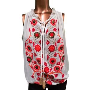Freeway White and Orange Embroidered and Sequined‎ Sleeveless Bloused Top, Sz S
